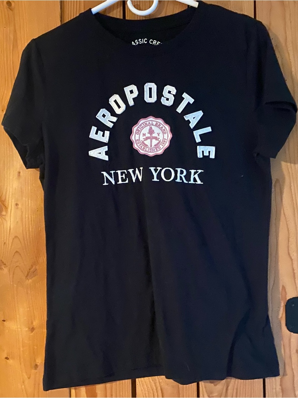 Aeropostale Black Tee with White and Pink Logo - New York Graphic